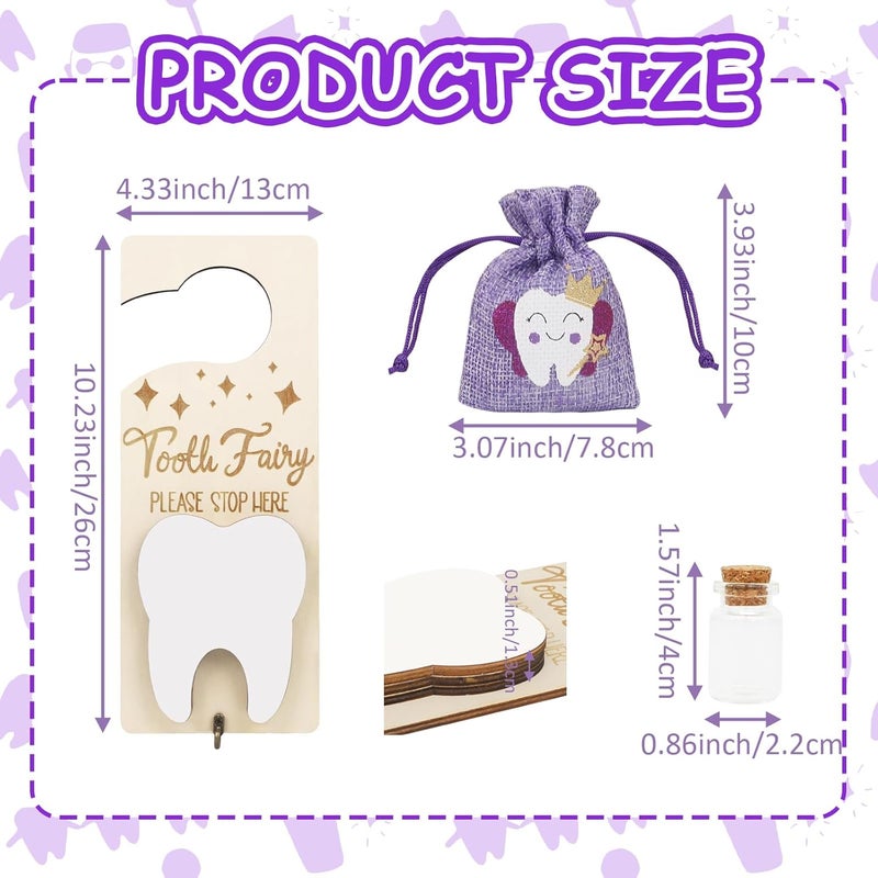 AINBIN Tooth Fairy Tooth Holder, Tooth Fairy Door Hanger with Money Slot, Keepsake Bottle & Burlap Pouch for Lost Teeth, Encourage Gift for Boys Girls (Purple) - Image 5